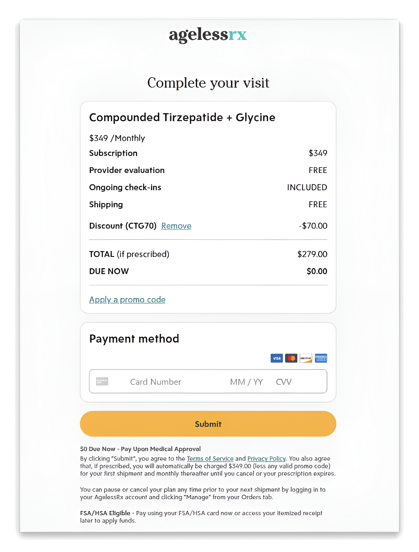 checkout page of AgelessRx